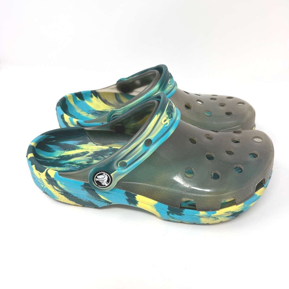 Crocs Youth Size 4 Classic Translucent Marbled Clog Teal Yellow Black